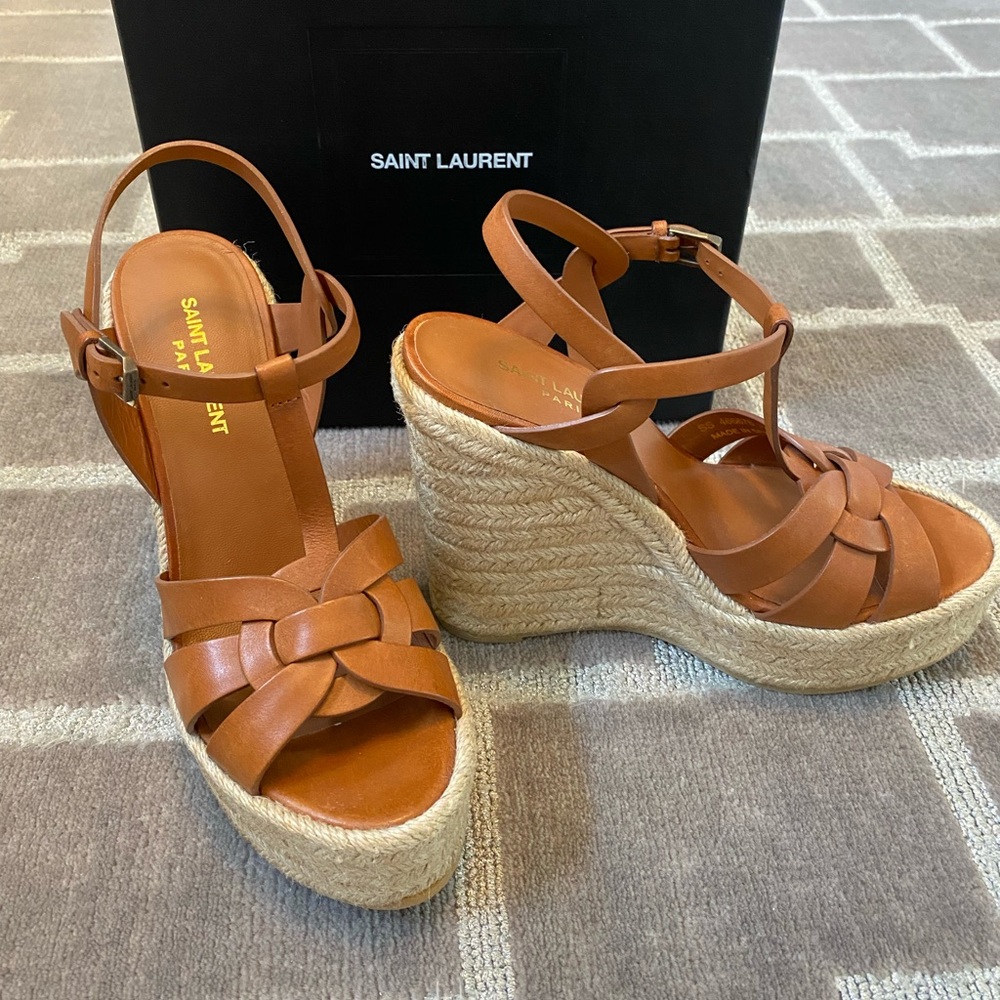 Saint Laurent Leather Espadrille Wedge Sandals